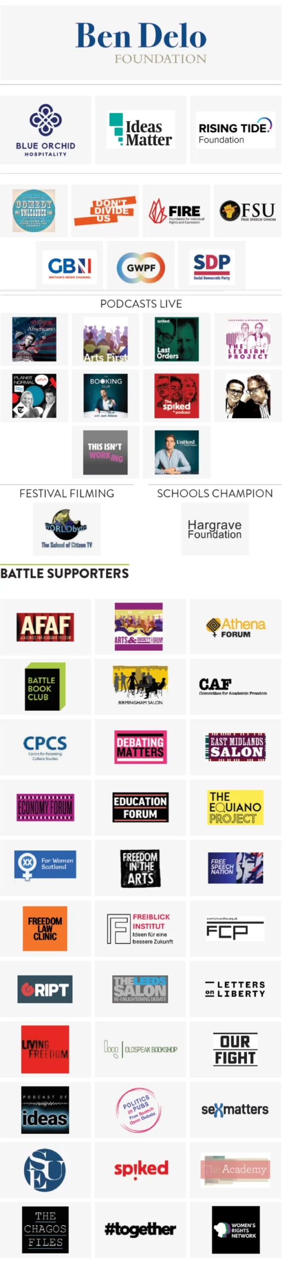Battle of Ideas festival partners 2025 including Ben Delo Foundation and many more